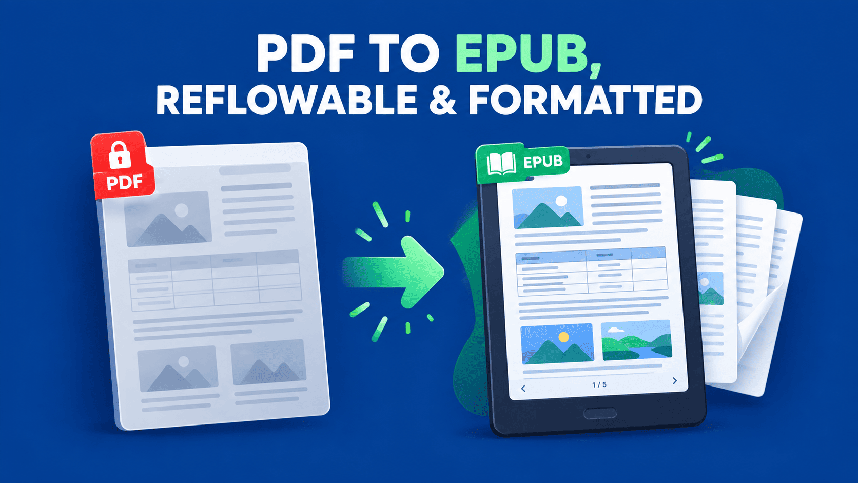 A fixed-layout PDF converting into a reflowable EPUB that adjusts to fit a phone, tablet and e-reader screen.