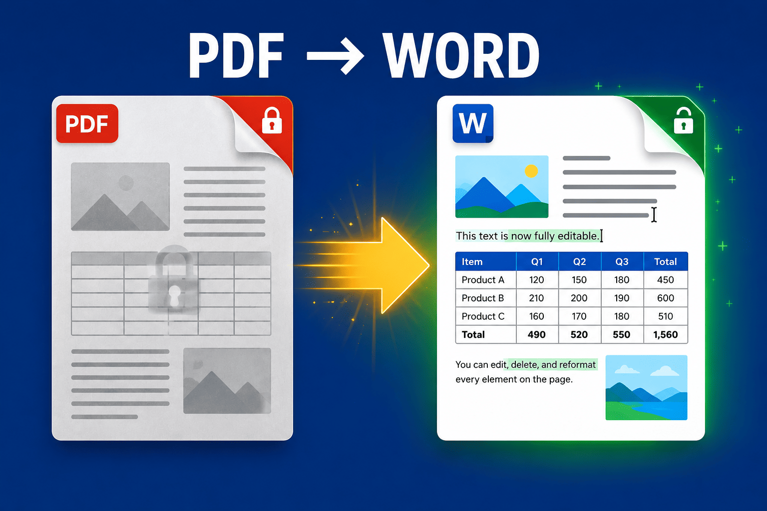 A PDF document converting into an editable Word file with its tables, fonts and images intact.