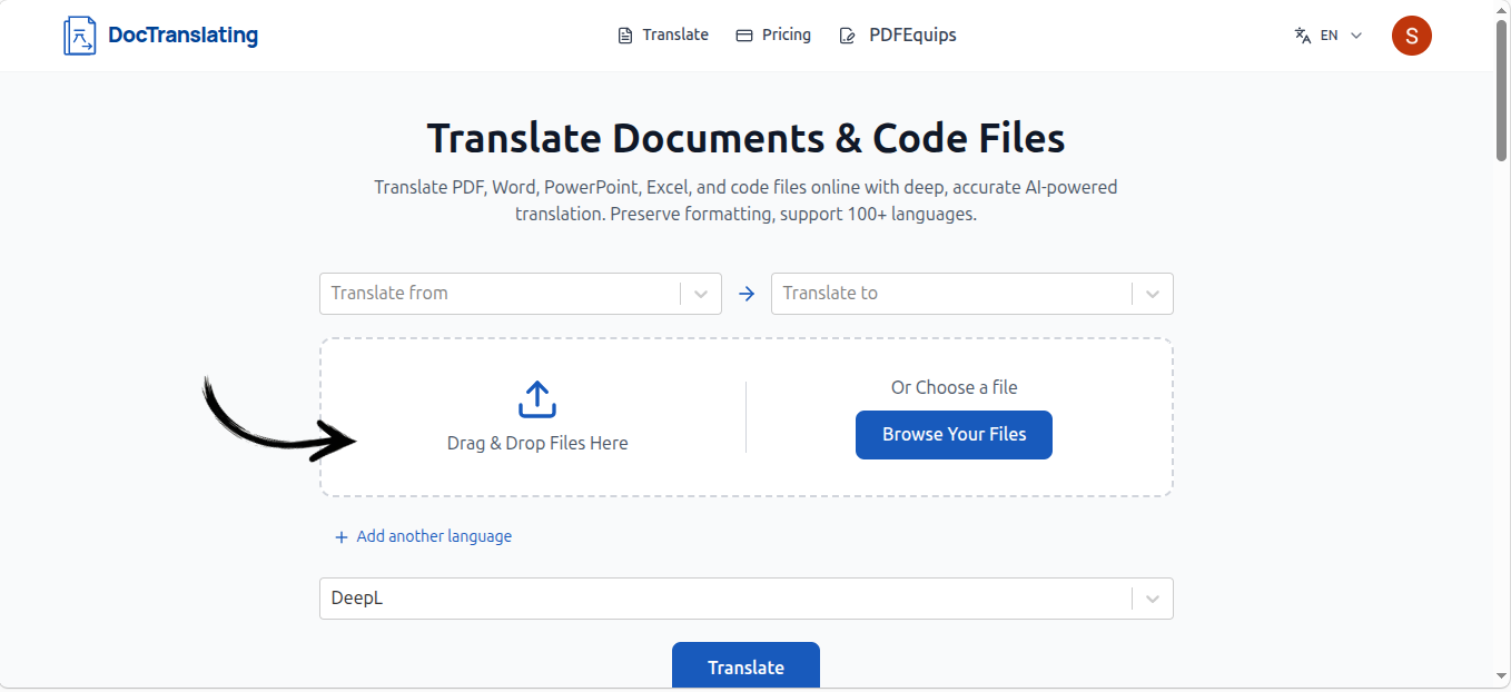 Uploading a PDF file to DocTranslating's document translator