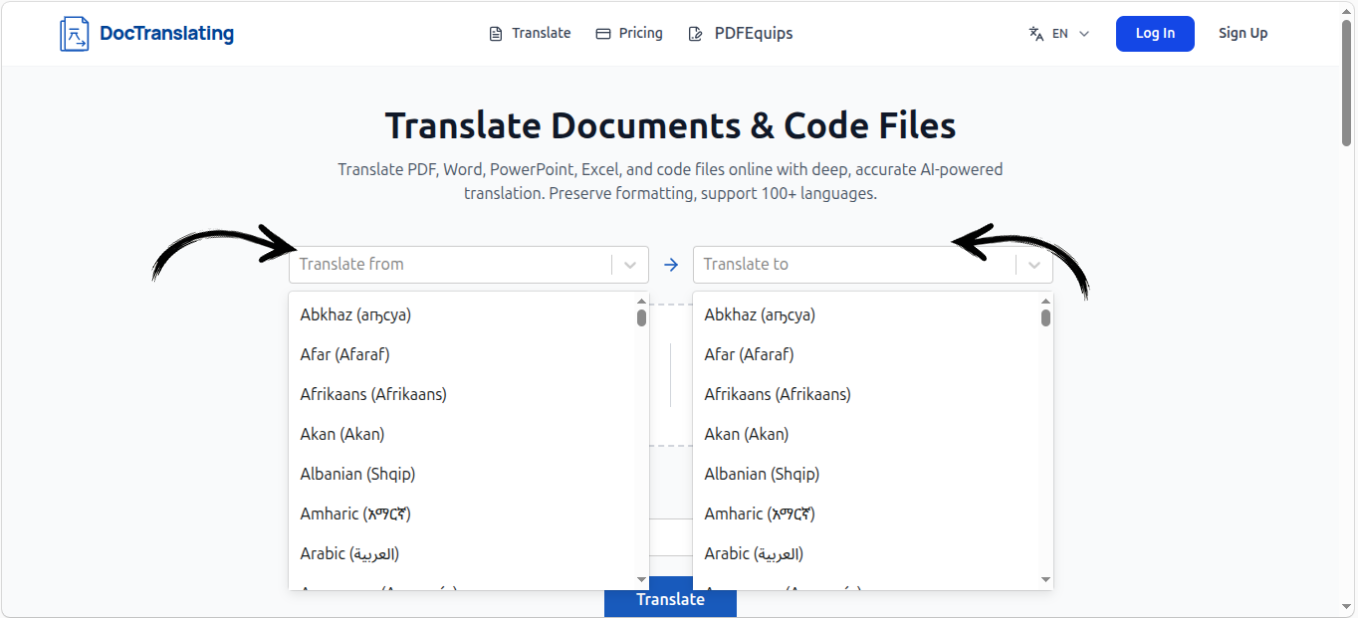 Selecting source and target languages in DocTranslating