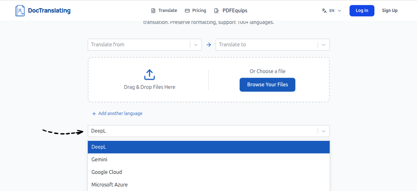Choosing a translation engine in DocTranslating